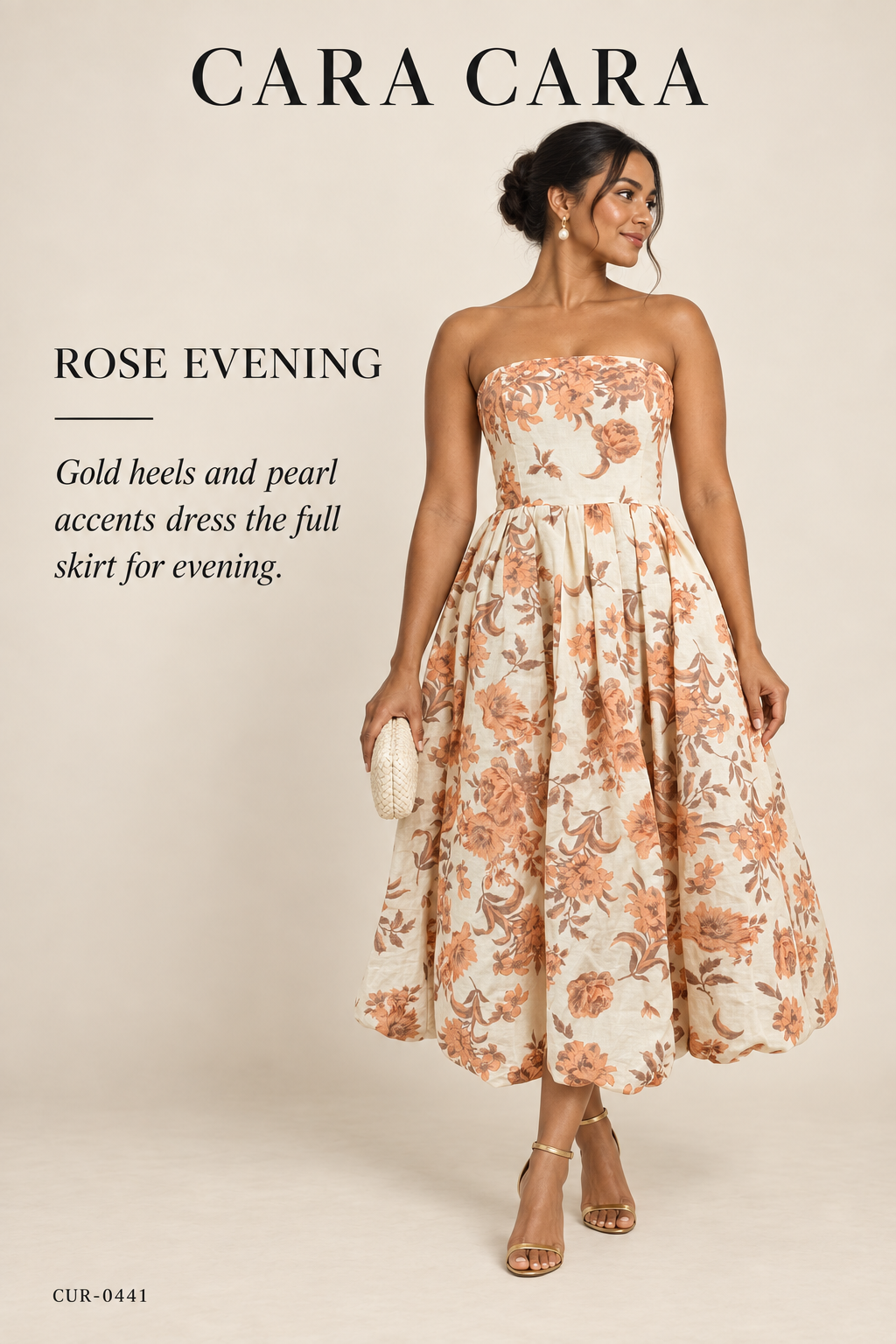 Cara Cara Anisha Strapless Linen Bubble Midi Dress – Rust Floral – styled: Rose Evening