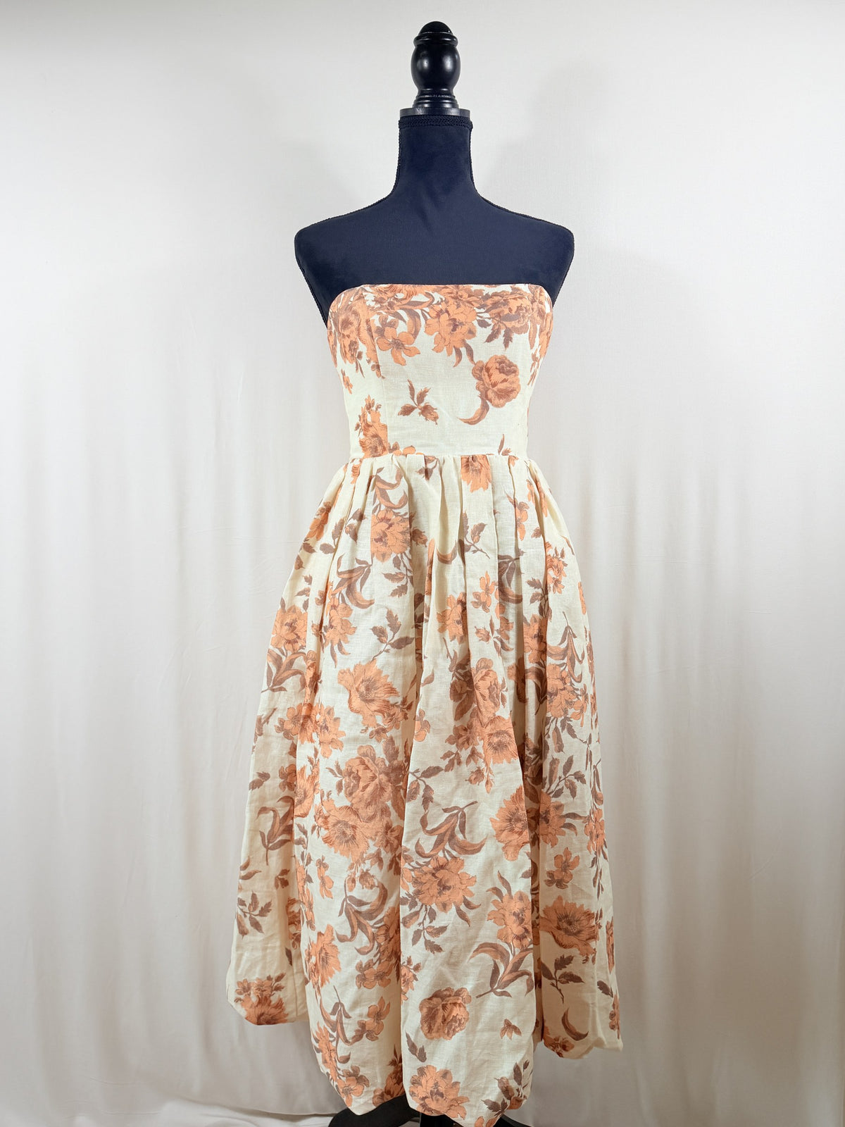 Cara Cara Anisha Strapless Linen Bubble Midi Dress – Rust Floral – front