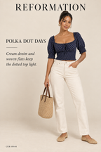 Reformation Polka Dot Tie-Front Puff-Sleeve Crop Top – Navy – styled: Polka Dot Days
