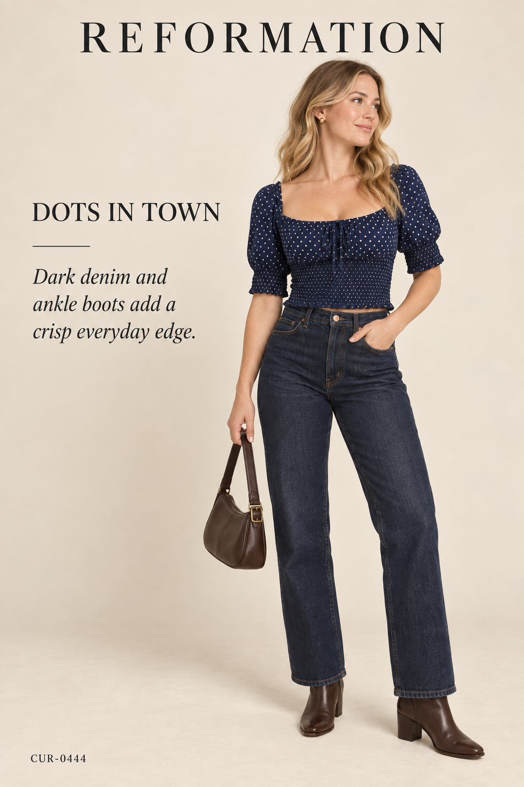 Reformation Polka Dot Tie-Front Puff-Sleeve Crop Top – Navy – styled: Dots in Town