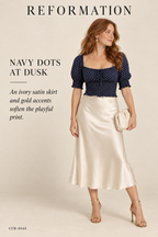 Reformation Polka Dot Tie-Front Puff-Sleeve Crop Top – Navy – styled: Navy Dots at Dusk