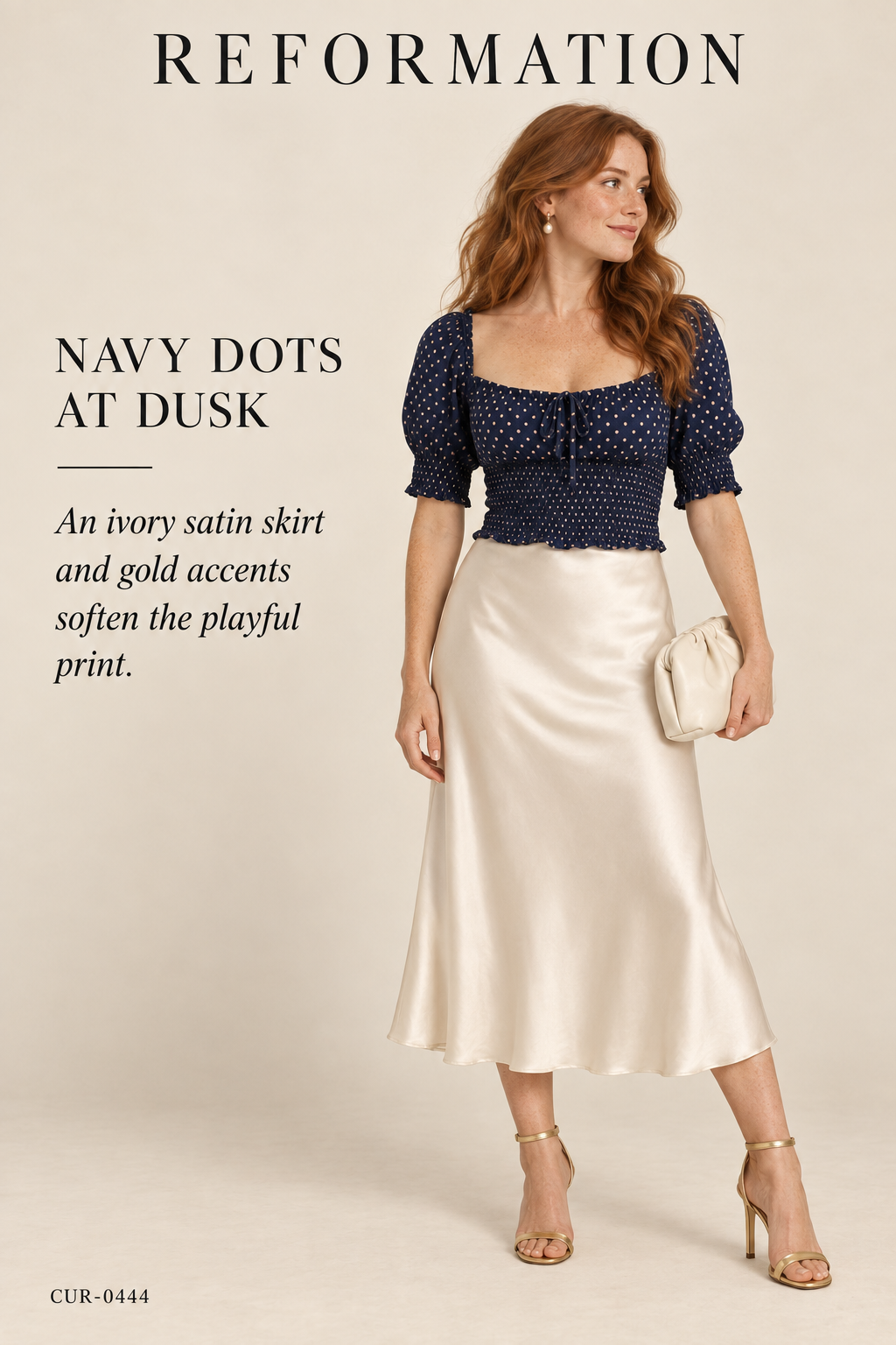 Reformation Polka Dot Tie-Front Puff-Sleeve Crop Top – Navy – styled: Navy Dots at Dusk