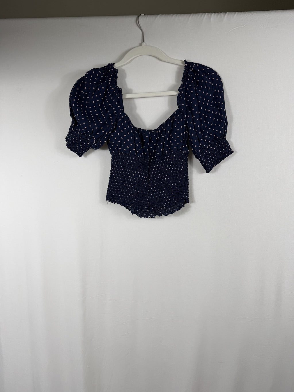 Reformation Polka Dot Tie-Front Puff-Sleeve Crop Top – Navy – back