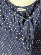 Reformation Polka Dot Tie-Front Puff-Sleeve Crop Top – Navy – label
