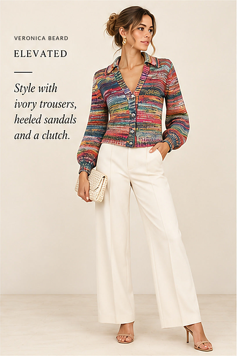Veronica Beard Damaris Cardigan – Blue Multi – styled editorial look 2