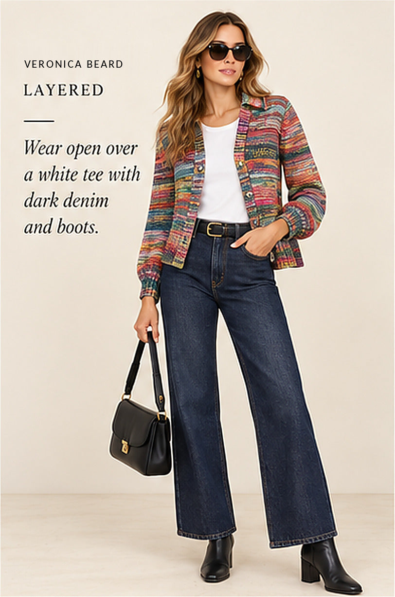 Veronica Beard Damaris Cardigan – Blue Multi – styled editorial look 3