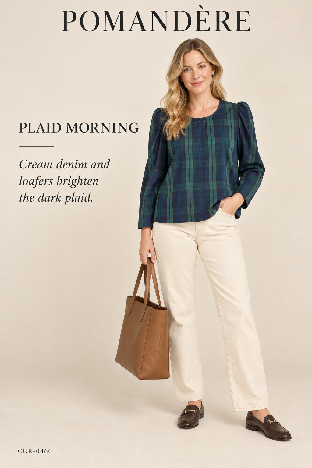 Pomandère Black Watch Plaid Puff-Shoulder Blouse