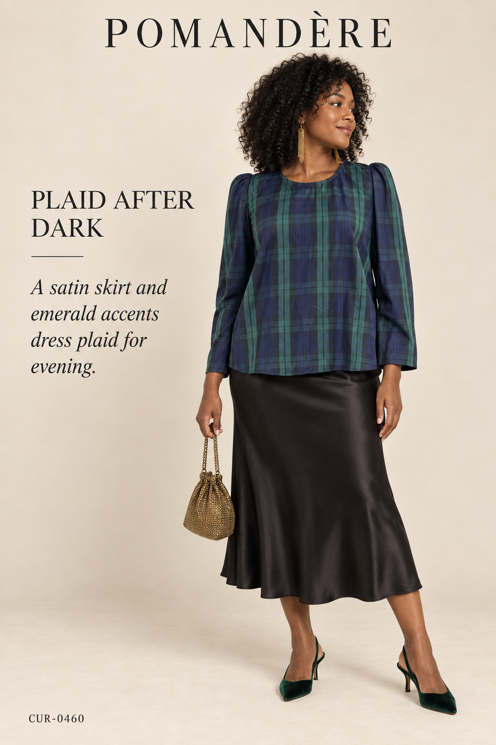 Pomandère Black Watch Plaid Puff-Shoulder Blouse – styled: Plaid After Dark