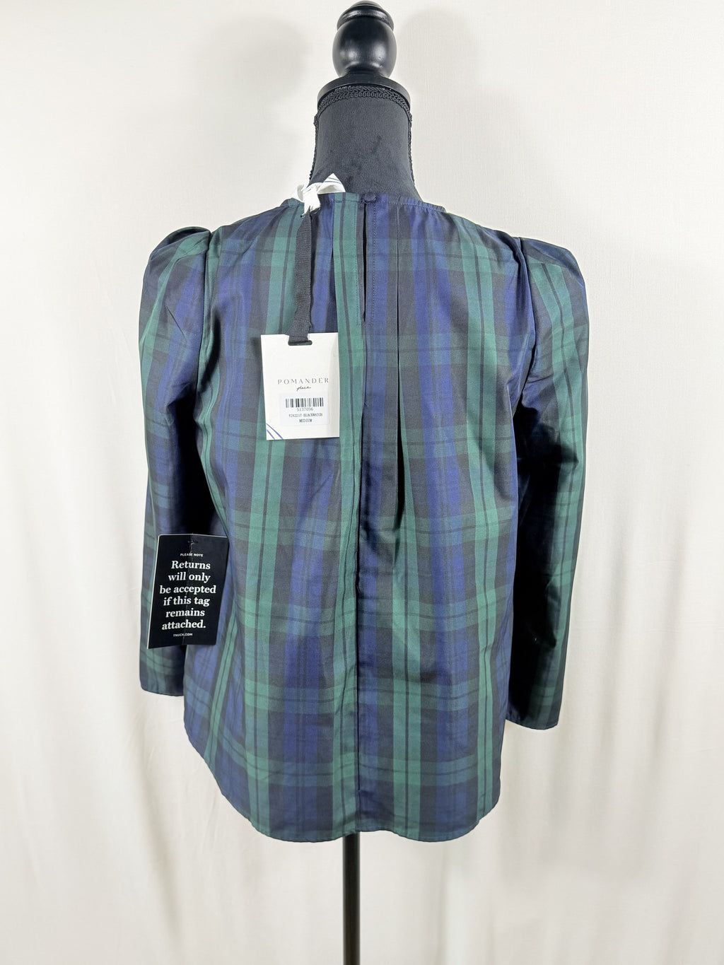 Pomandère Black Watch Plaid Puff-Shoulder Blouse – back