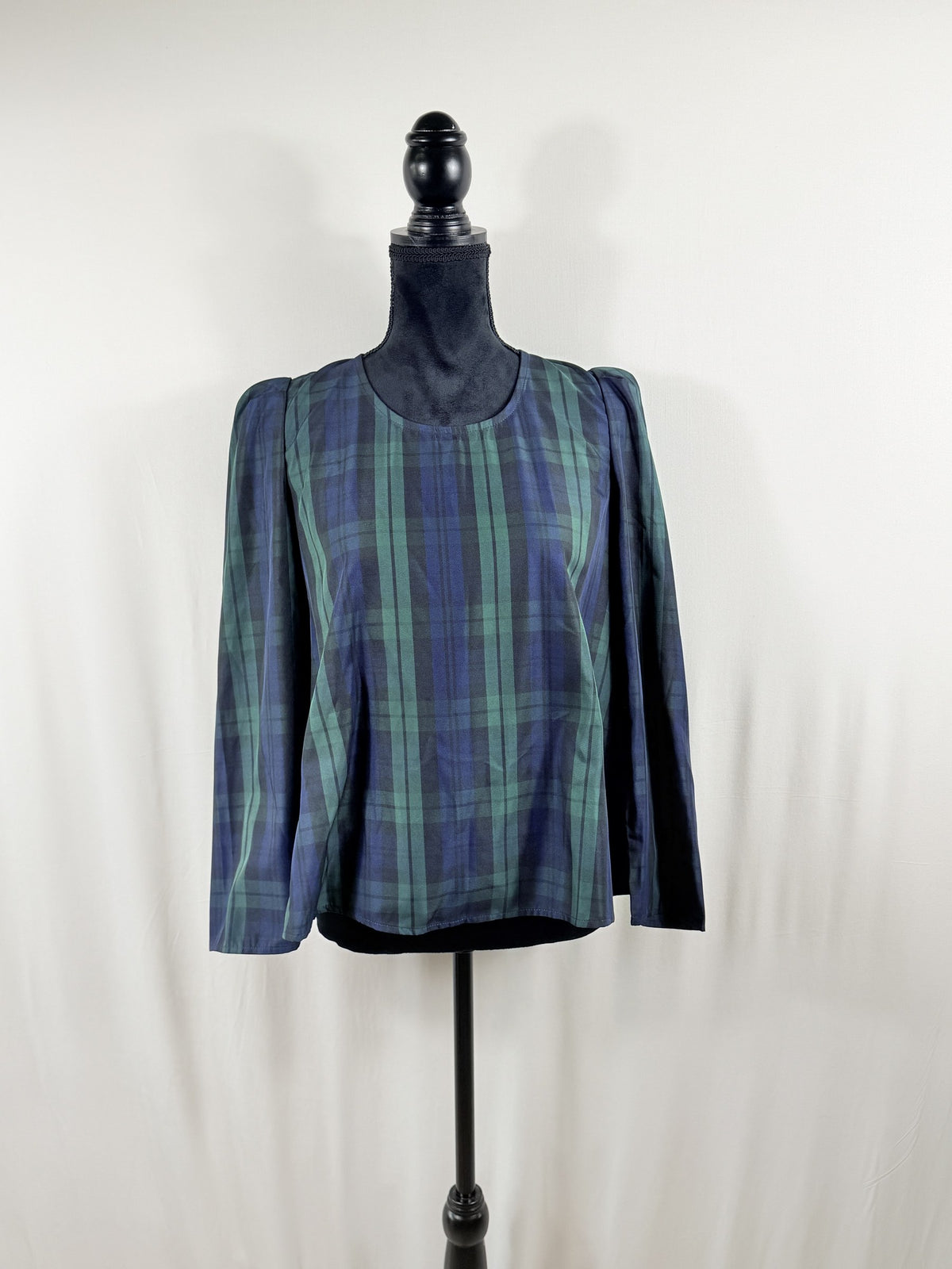 Pomandère Black Watch Plaid Puff-Shoulder Blouse – front