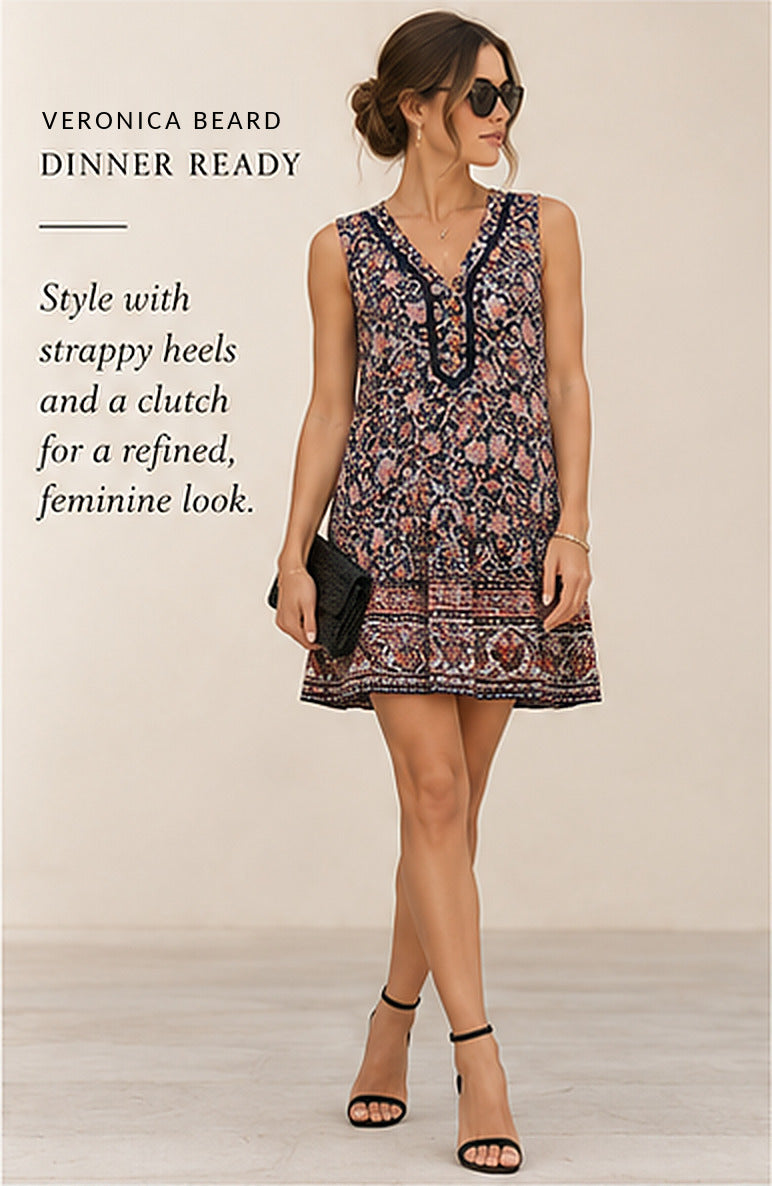 Veronica Beard Leanna Sleeveless Ruffle Minidress — Navy/Orange Multi – styled editorial look 2
