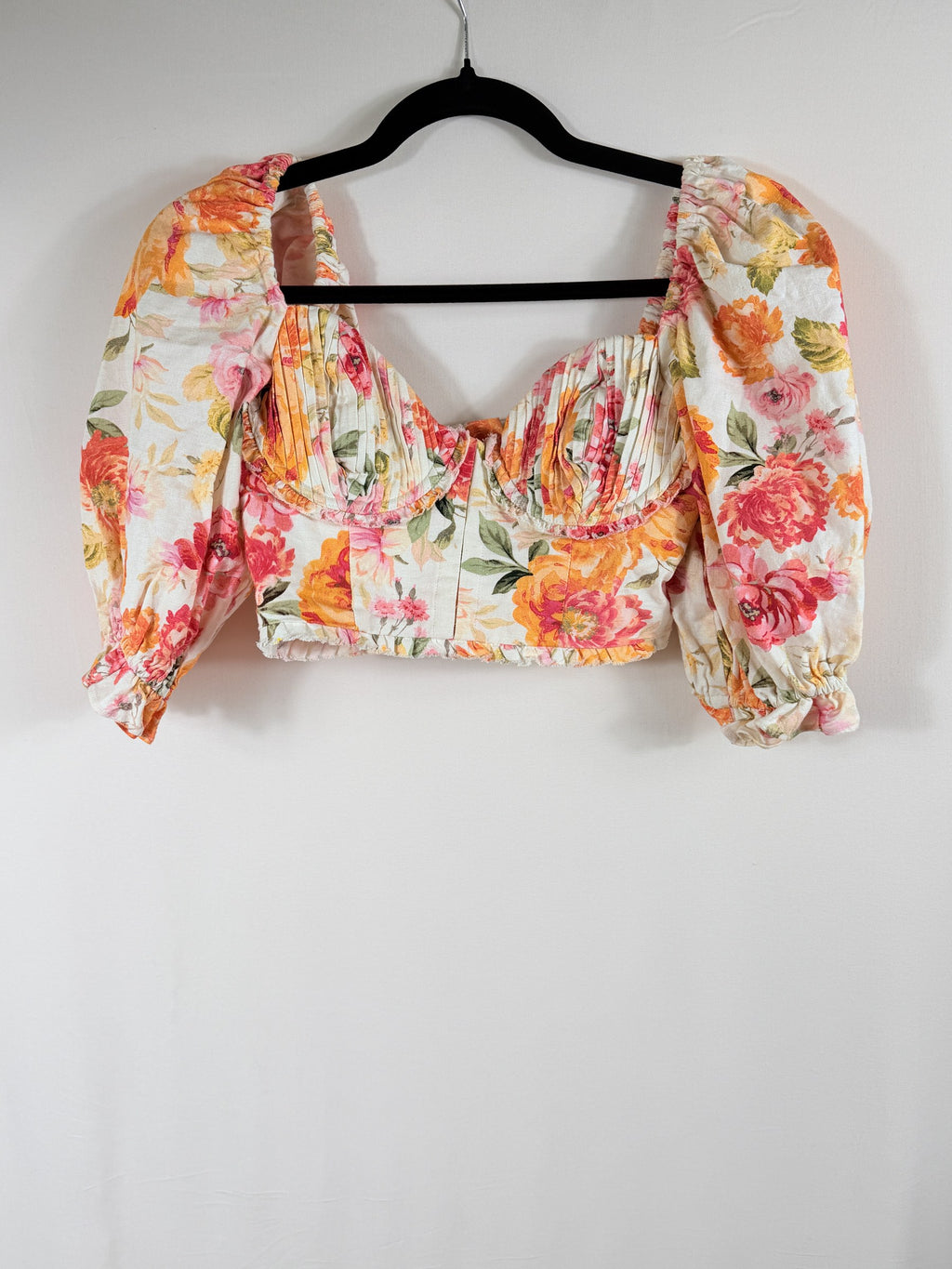 For Love & Lemons Floral Square-Neck Puff-Sleeve Crop Top – front