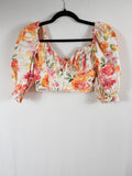 For Love & Lemons Floral Square-Neck Puff-Sleeve Crop Top – front