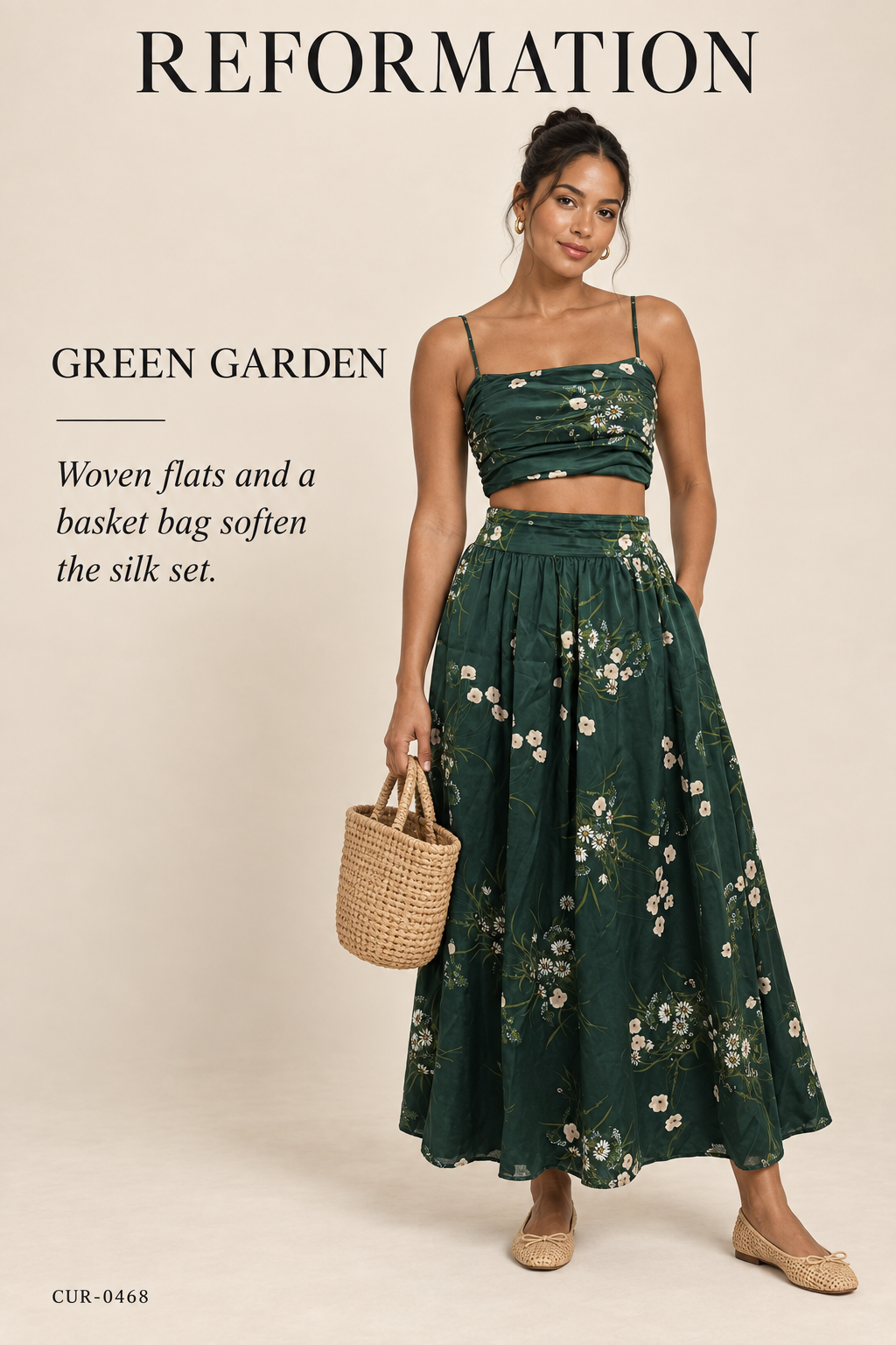 Reformation Silk Two-Piece Set – Green Floral Cami & Midi Skirt