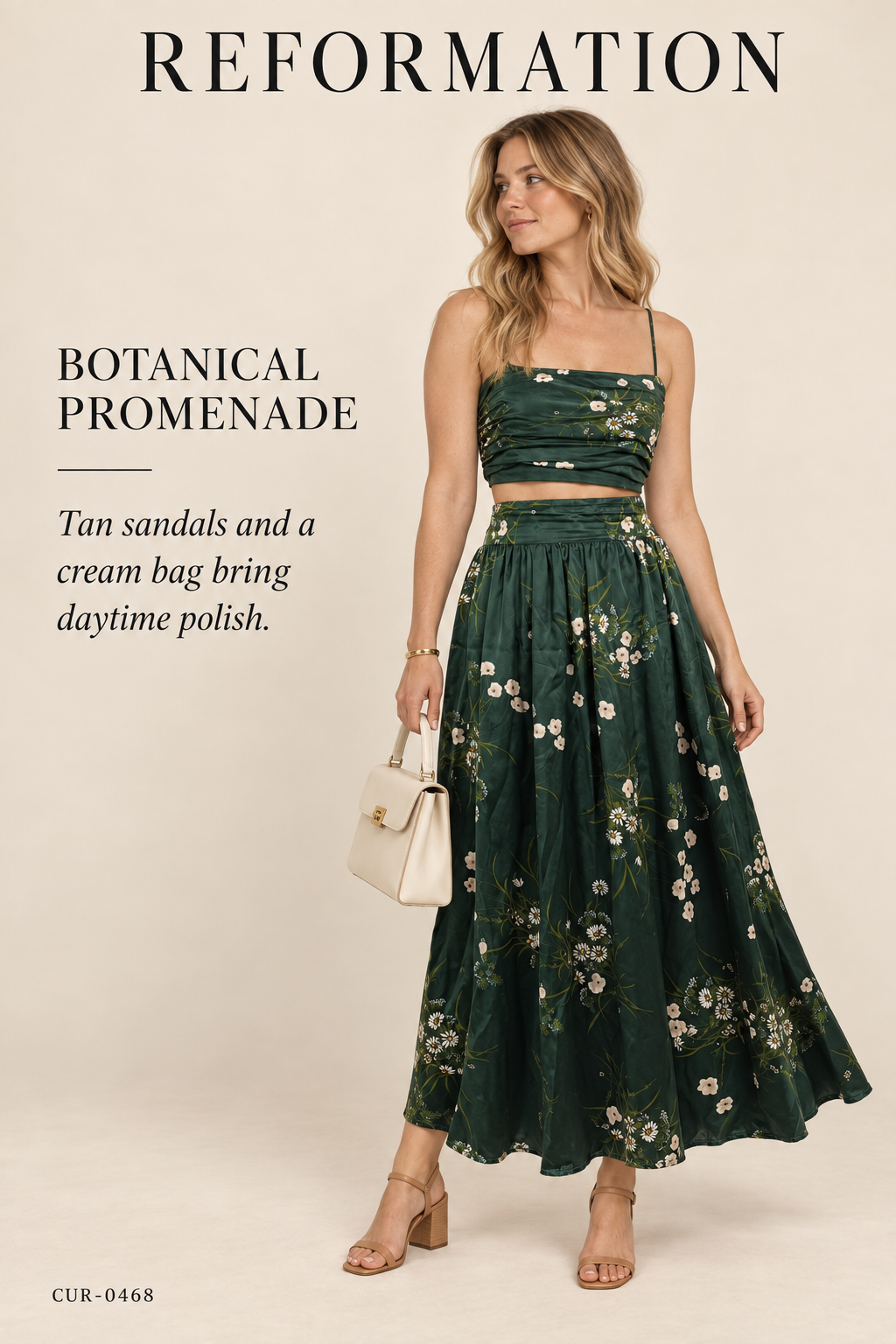 Reformation Silk Two-Piece Set – Green Floral Cami & Midi Skirt – styled: Botanical Promenade