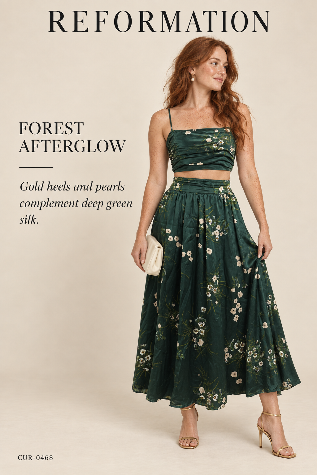 Reformation Silk Two-Piece Set – Green Floral Cami & Midi Skirt – styled: Forest Afterglow