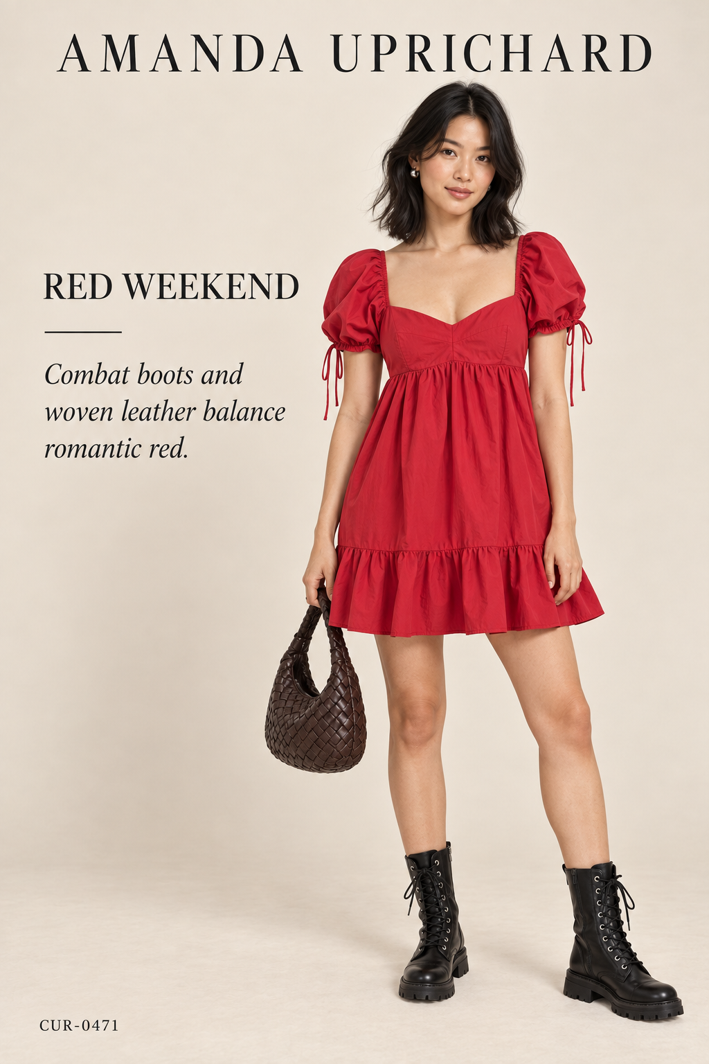 Amanda Uprichard Square-Neck Puff-Sleeve Babydoll Mini Dress — Red — styling illustration