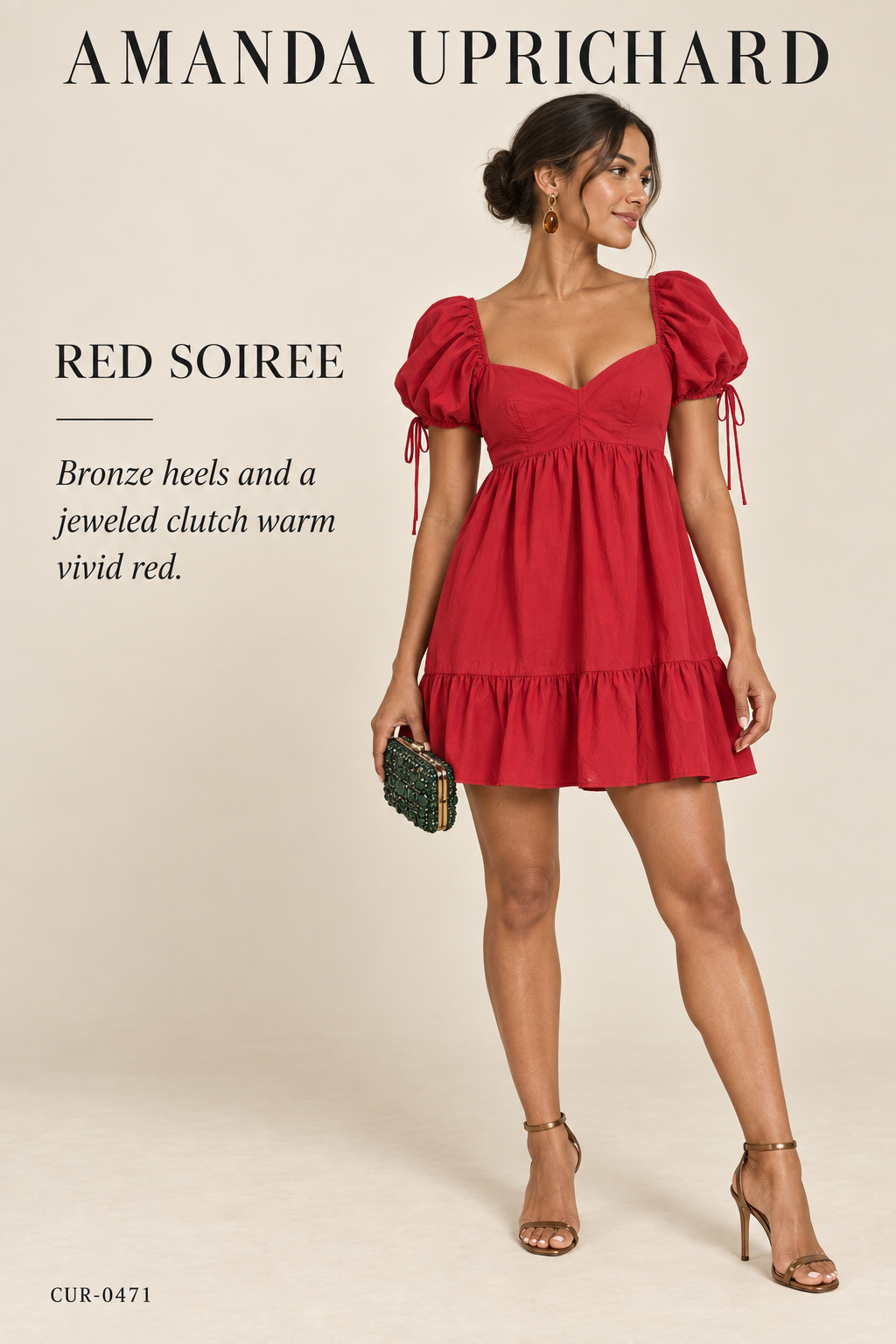 Amanda Uprichard Square-Neck Puff-Sleeve Babydoll Mini Dress — Red — styling illustration