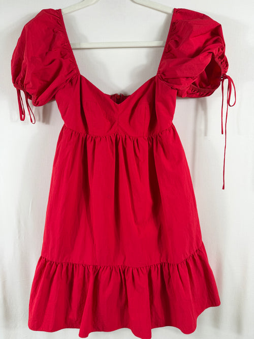 Amanda Uprichard Square-Neck Puff-Sleeve Babydoll Mini Dress — Red — back