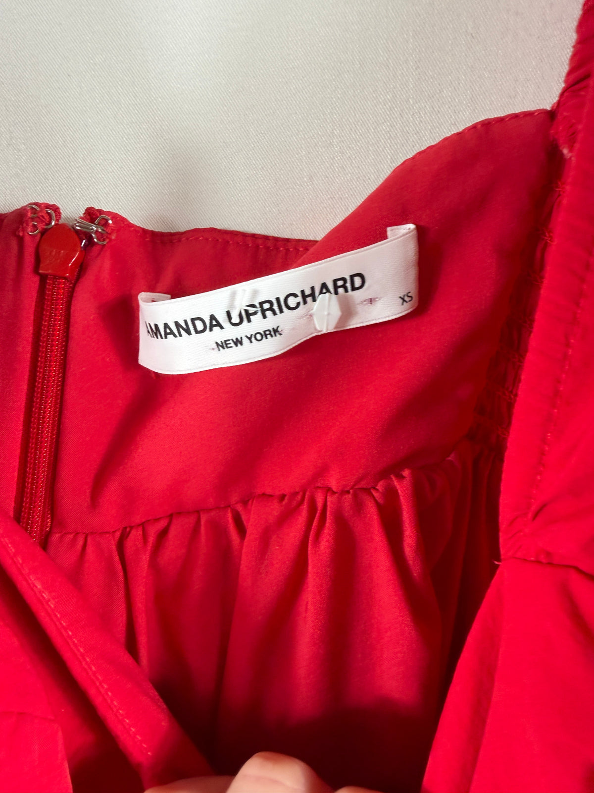 Amanda Uprichard Square-Neck Puff-Sleeve Babydoll Mini Dress — Red — care label