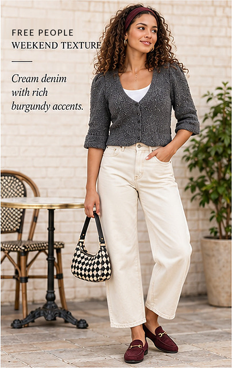 Free People Crop Bouclé Cardigan – Charcoal Grey – styled editorial look 3