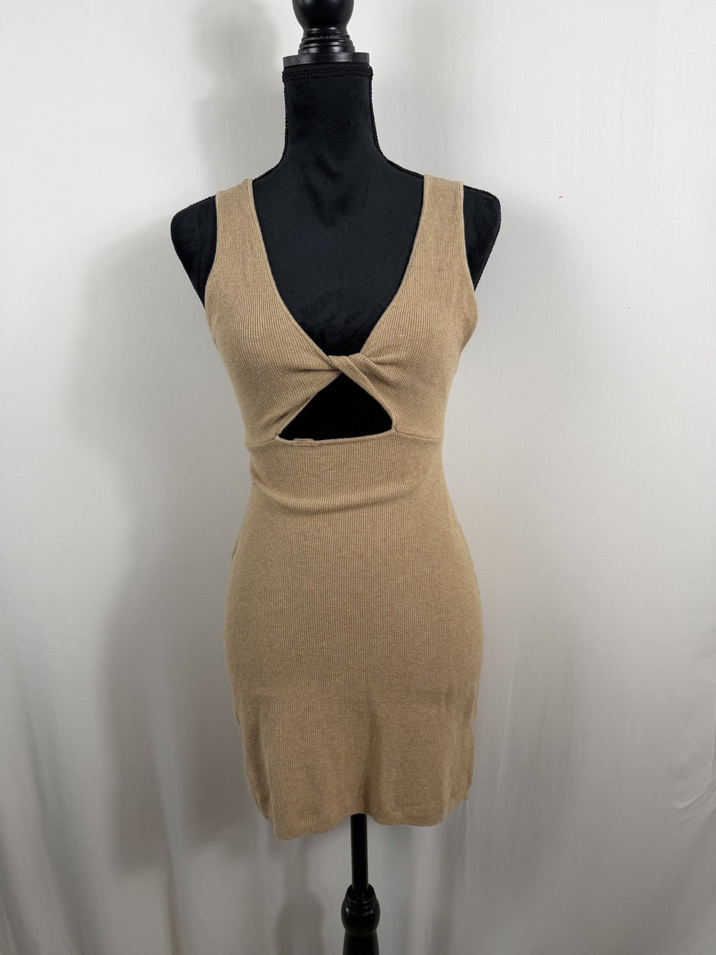 FP Beach Twist-Front Knit Mini Dress – Tan – front