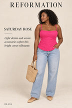 Reformation Hot Pink Ribbed Bustier Top – styled: Saturday Rose