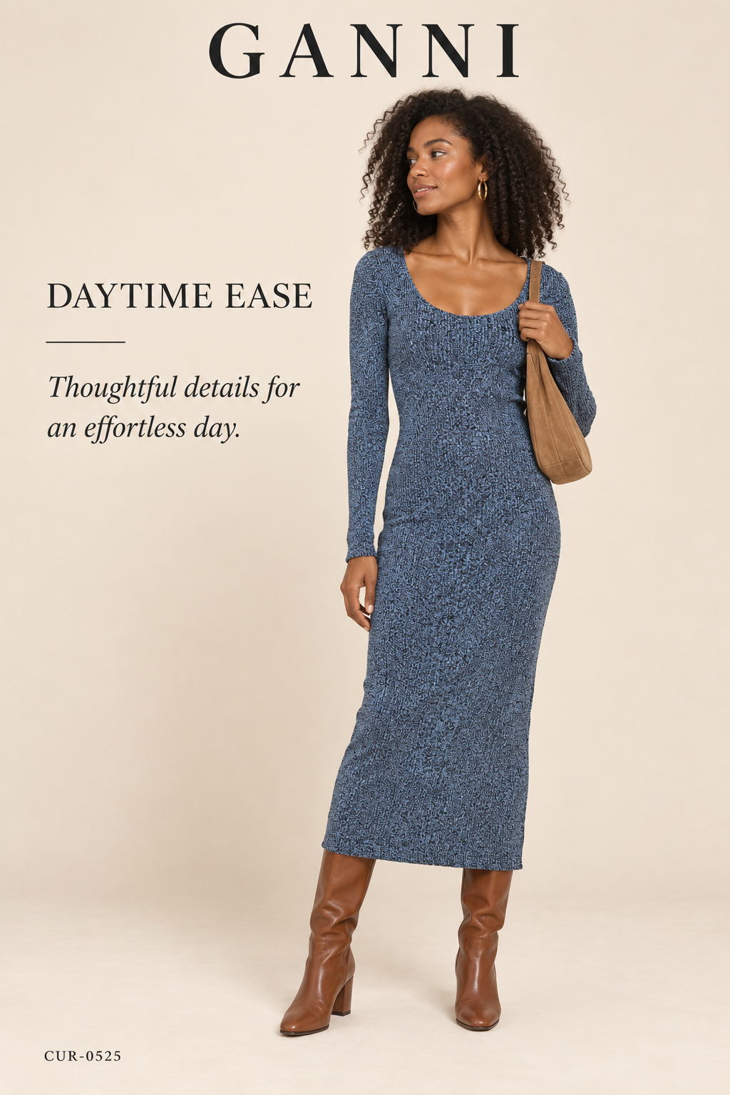 GANNI Melange Rib-Knit Midi Dress – Blue Melange