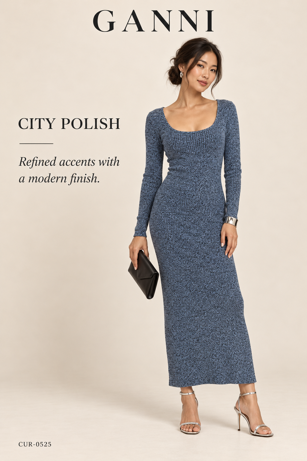 GANNI Melange Rib-Knit Midi Dress – Blue Melange