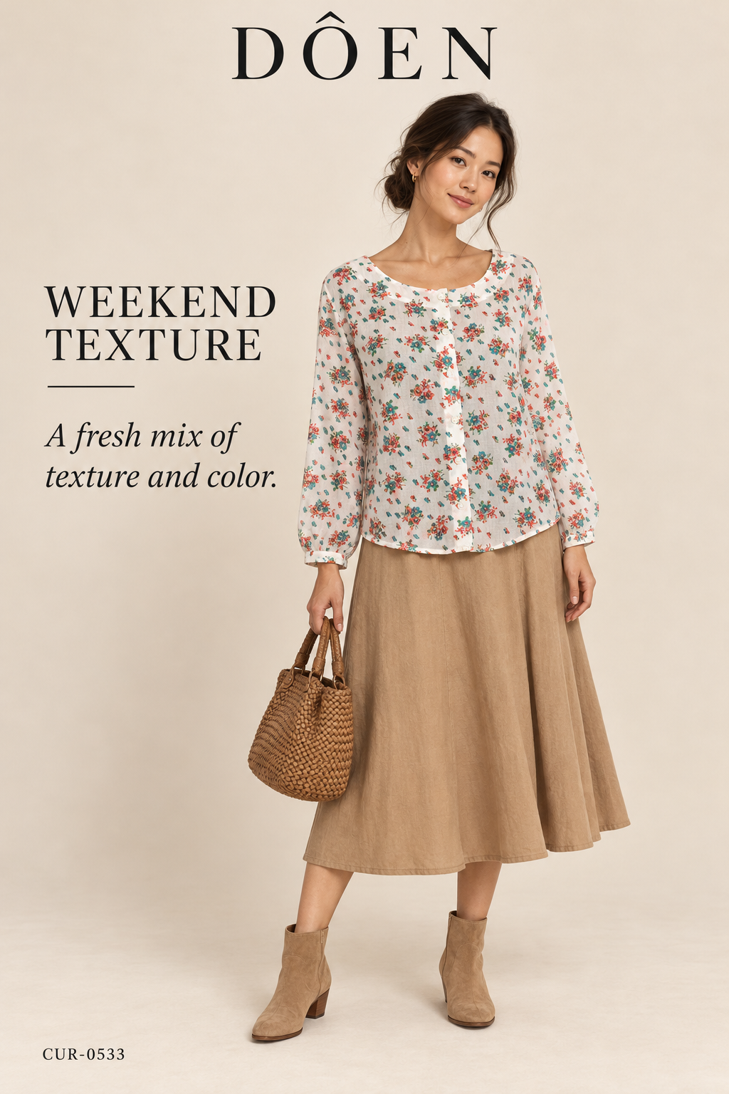DÔEN Floral Scoop-Neck Button-Front Blouse – Cream