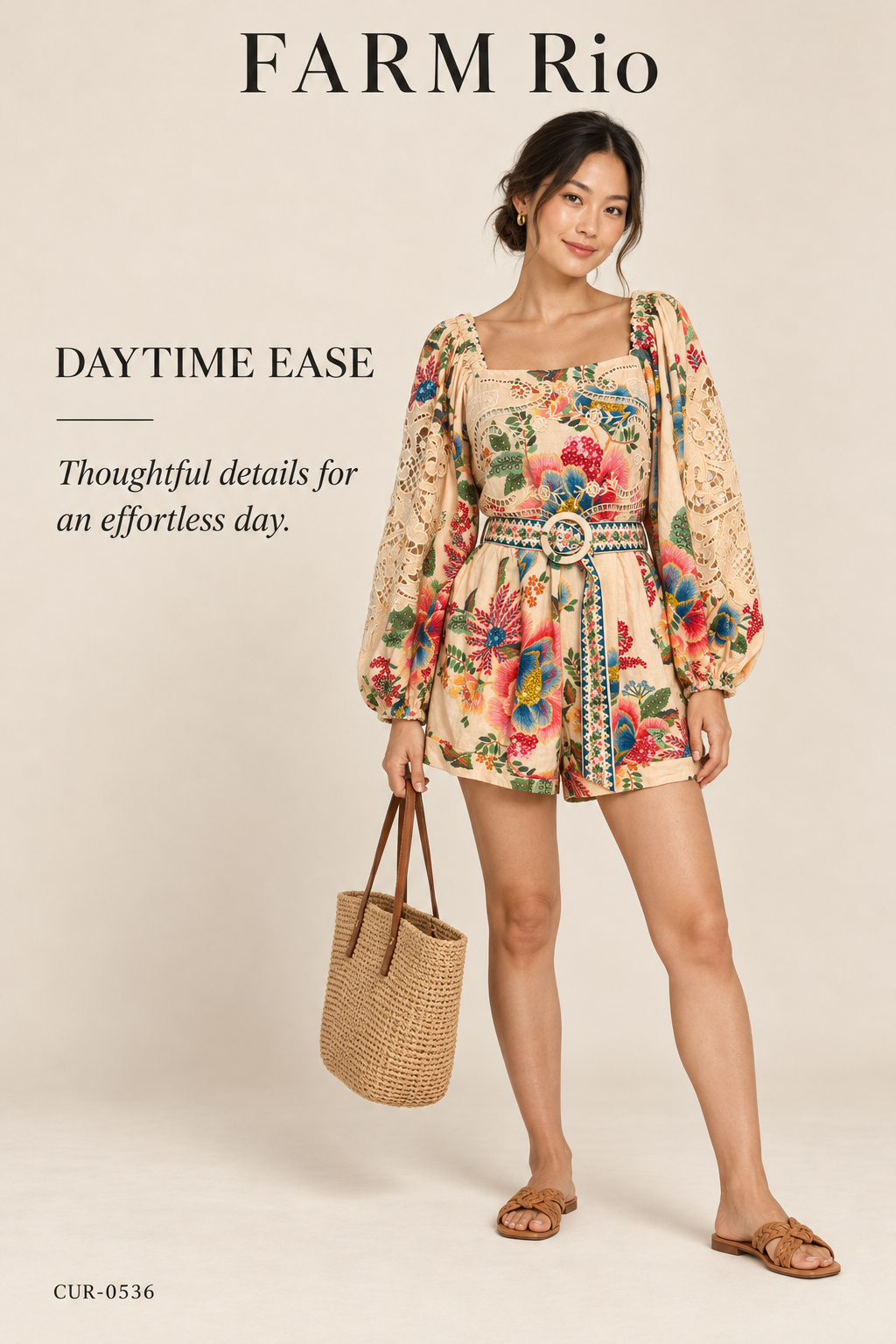 FARM Rio Delicate Garden Linen-Blend Romper – Sand