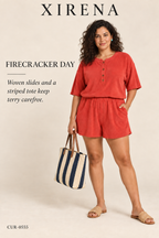Xirena Evert Terry Romper — Fire Cracker – styled editorial look 1: Firecracker Day