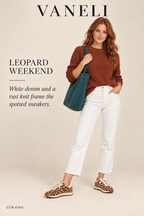 VANELi Queen Leopard Calf-Hair Sneaker — Camel – styled editorial look 1: Leopard Weekend