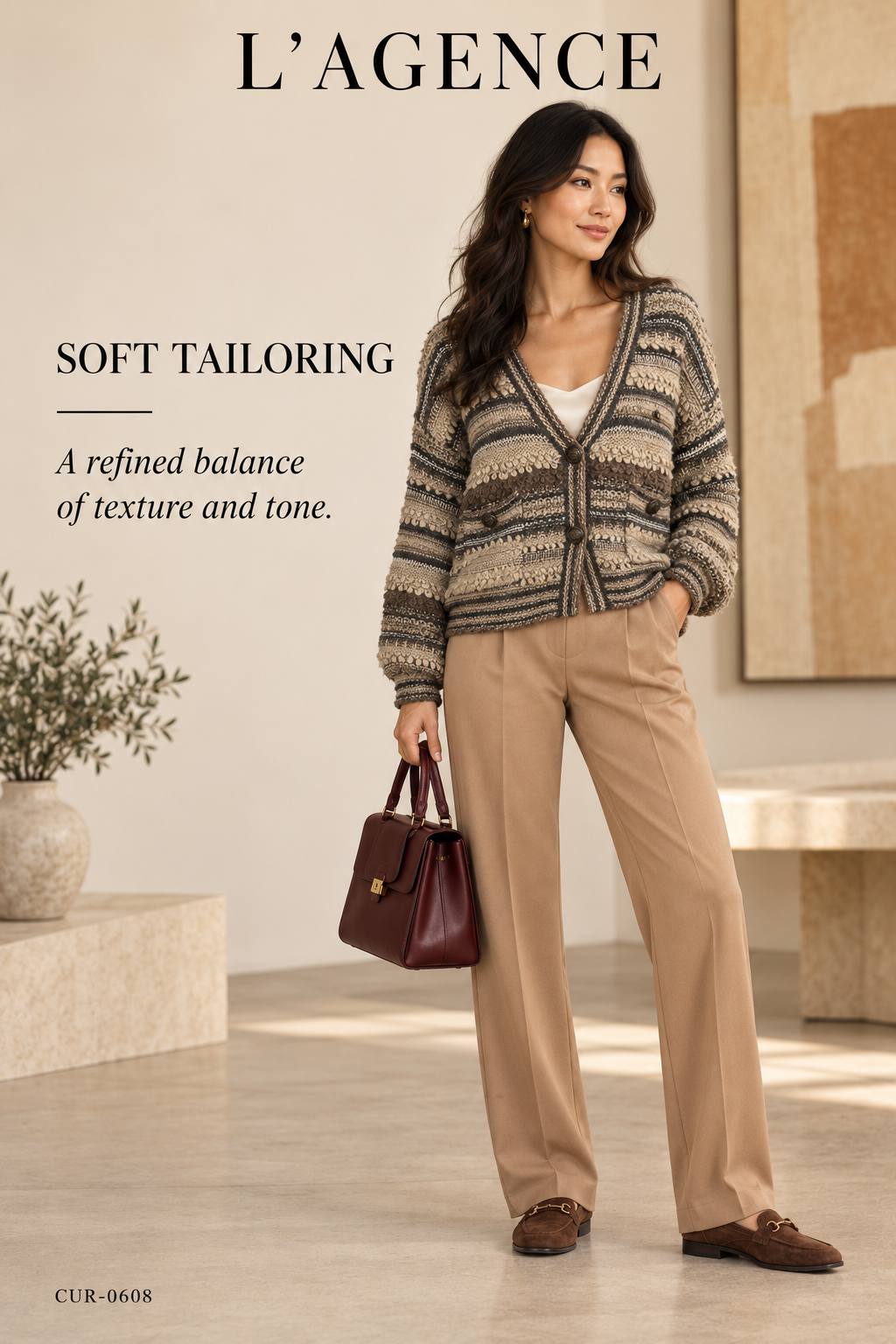 L'AGENCE Harriet Blouson Sleeve Cardigan – Brown Multi Stripe