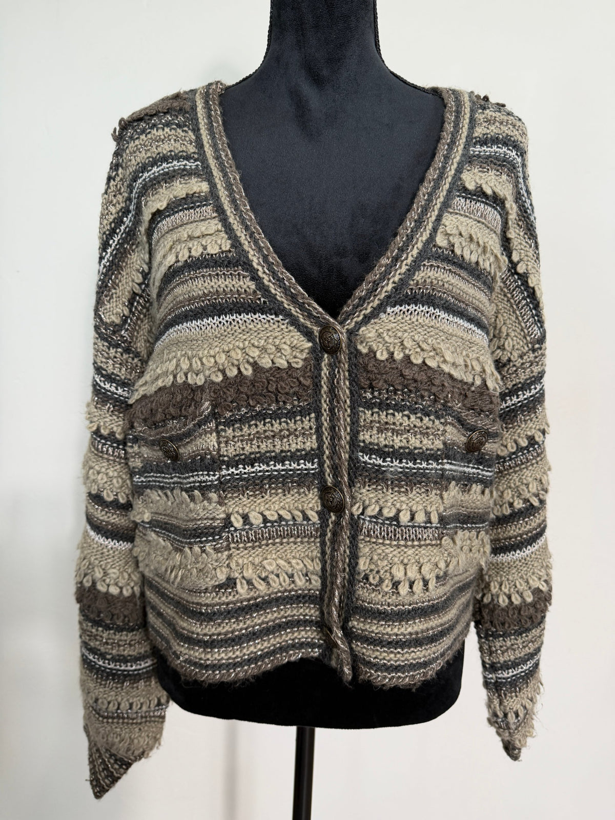 L'AGENCE Harriet Blouson Sleeve Cardigan – Brown Multi Stripe
