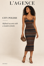 L'AGENCE Sandi Striped Knit Scalloped Tank Midi Dress – Brown