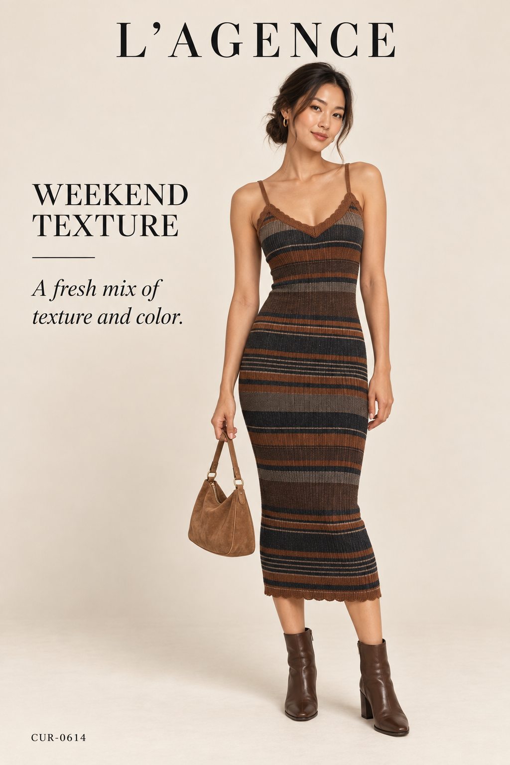 L'AGENCE Sandi Striped Knit Scalloped Tank Midi Dress – Brown