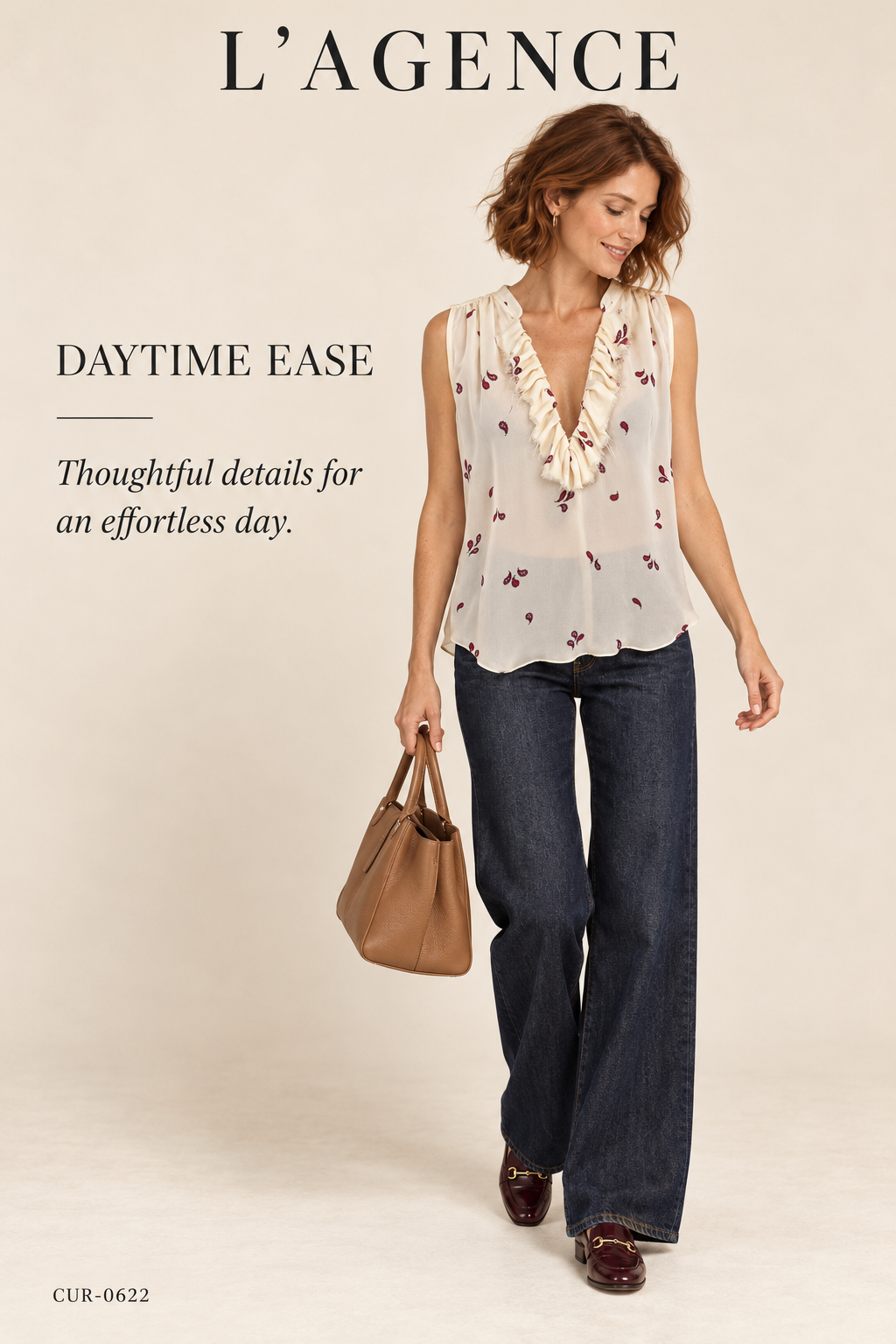 L'AGENCE Paisley Ruffle V-Neck Silk Blouse – Cream