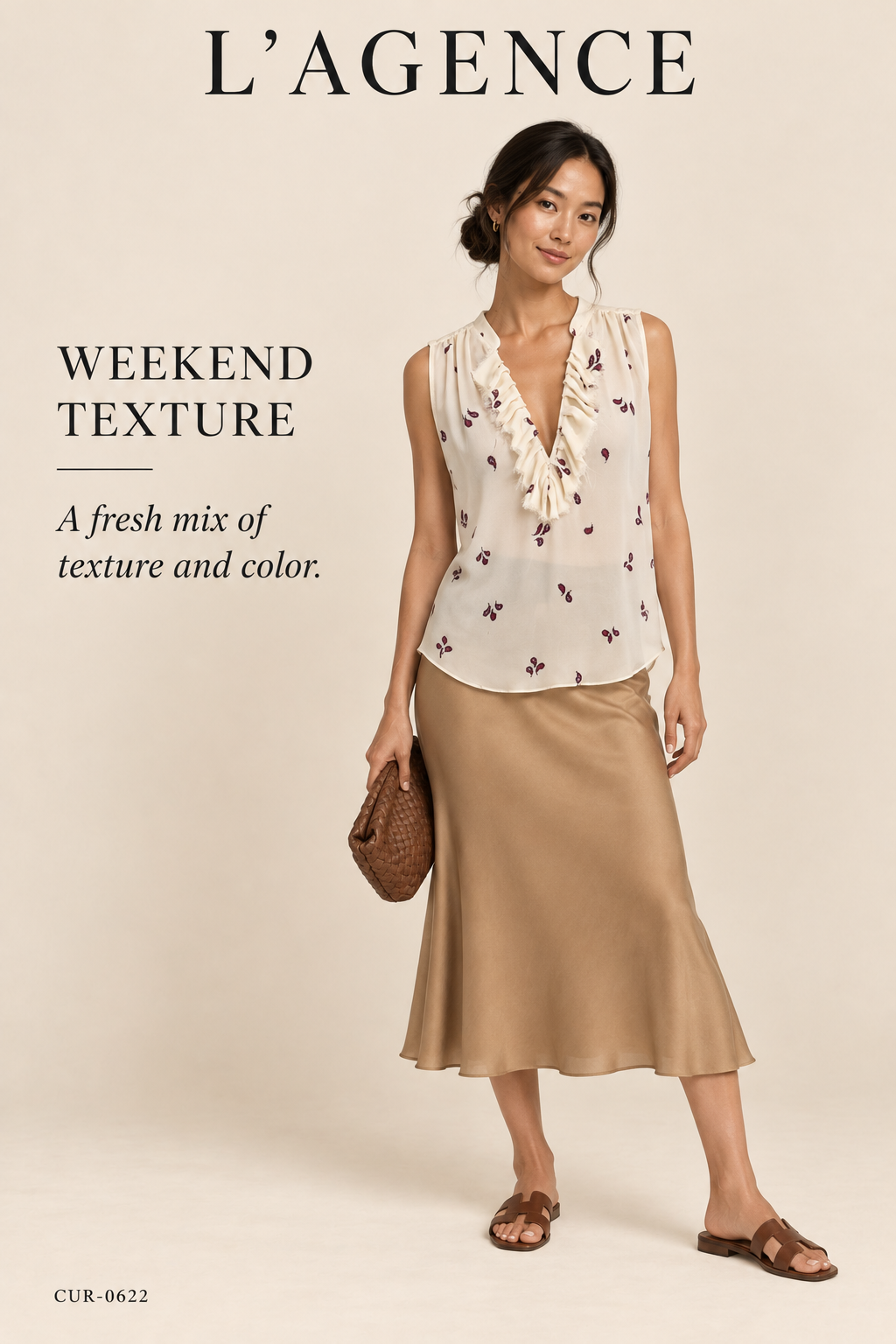 L'AGENCE Paisley Ruffle V-Neck Silk Blouse – Cream