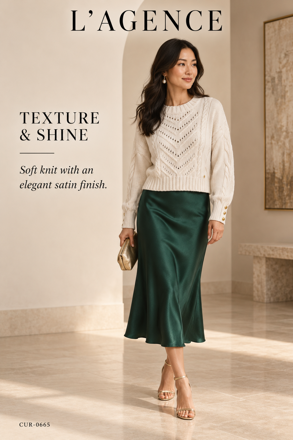 L'AGENCE Storm Boxy Crop Cable Pullover – Ivory/Gold