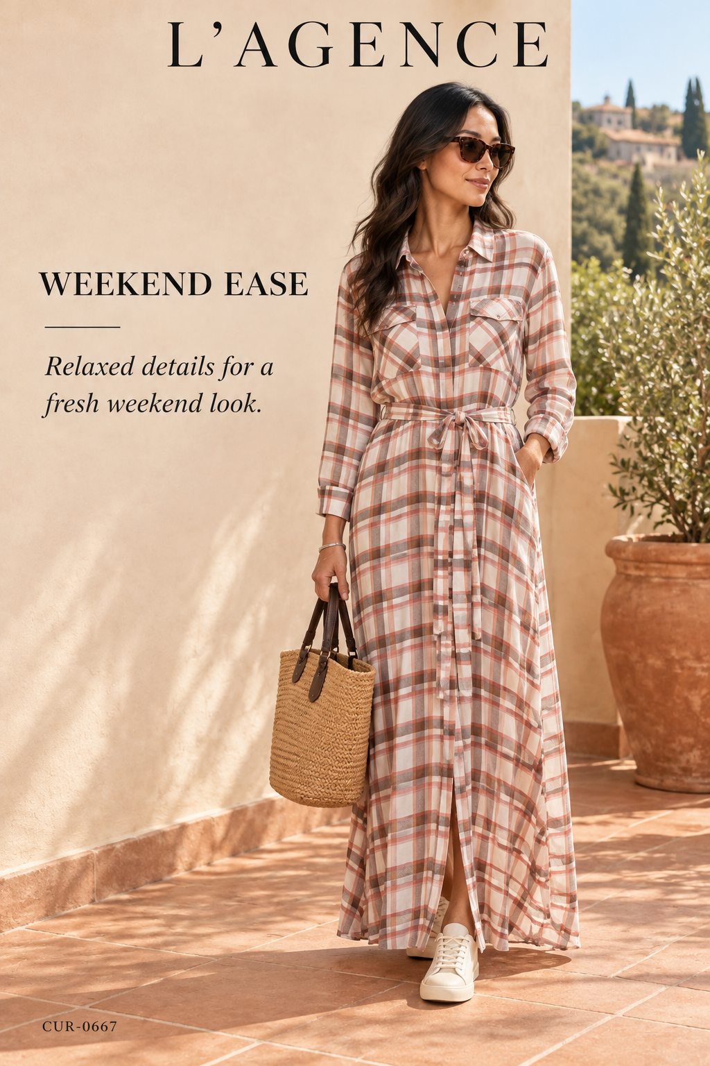 L'AGENCE Cameron Long Shirtdress – White Plaid