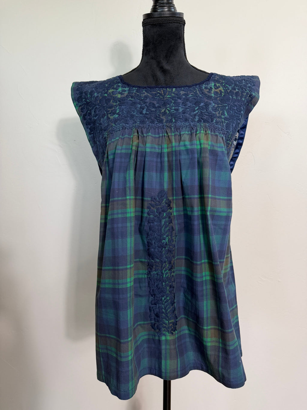 Mi Golondrina Handcrafted Plaid Blouse – Green / Navy